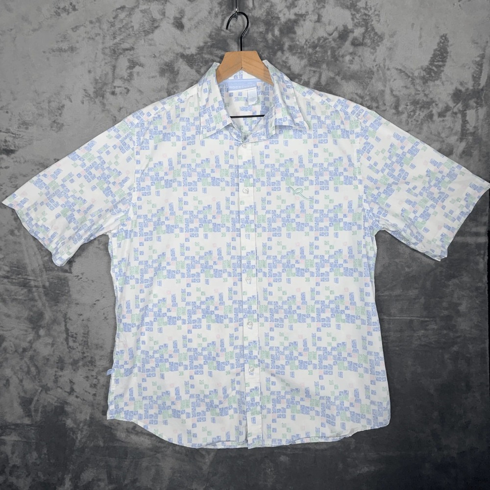 Rocawear Mens Button Up Shirt L White Short Sleeve‎ Geometric Print Cotton